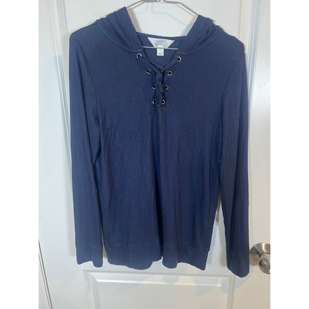 Market & Spruce Womens Hoodie Lace Up Front Navy Blue‎ Size S